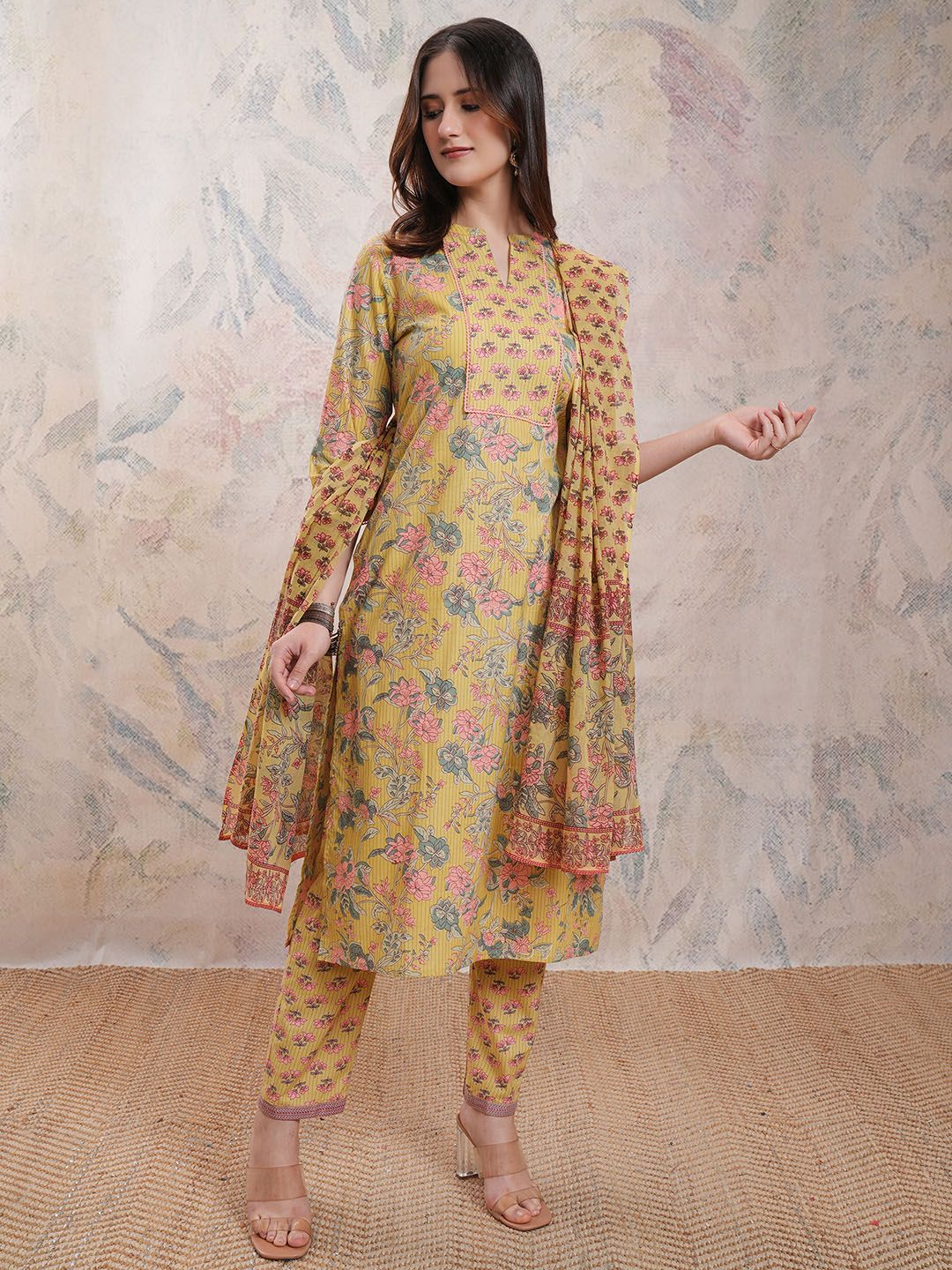 Vishudh Floral Printed Pure Cotton Kurta With Trousers & Dupatta - Distacart