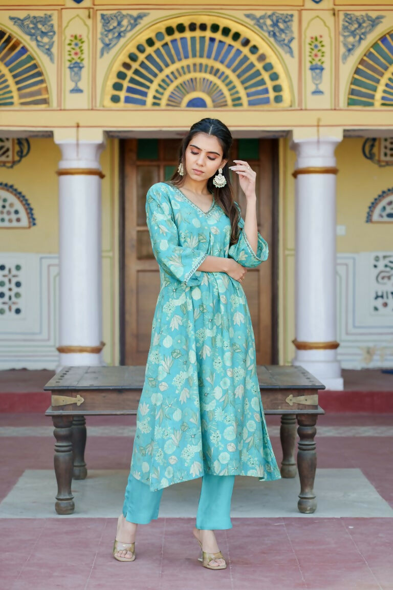 Vaasva Women Aqua Muslin Pleated Kurta & Pant Clothing Set - Distacart