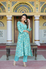 Thumbnail for Vaasva Women Aqua Muslin Pleated Kurta & Pant Clothing Set - Distacart