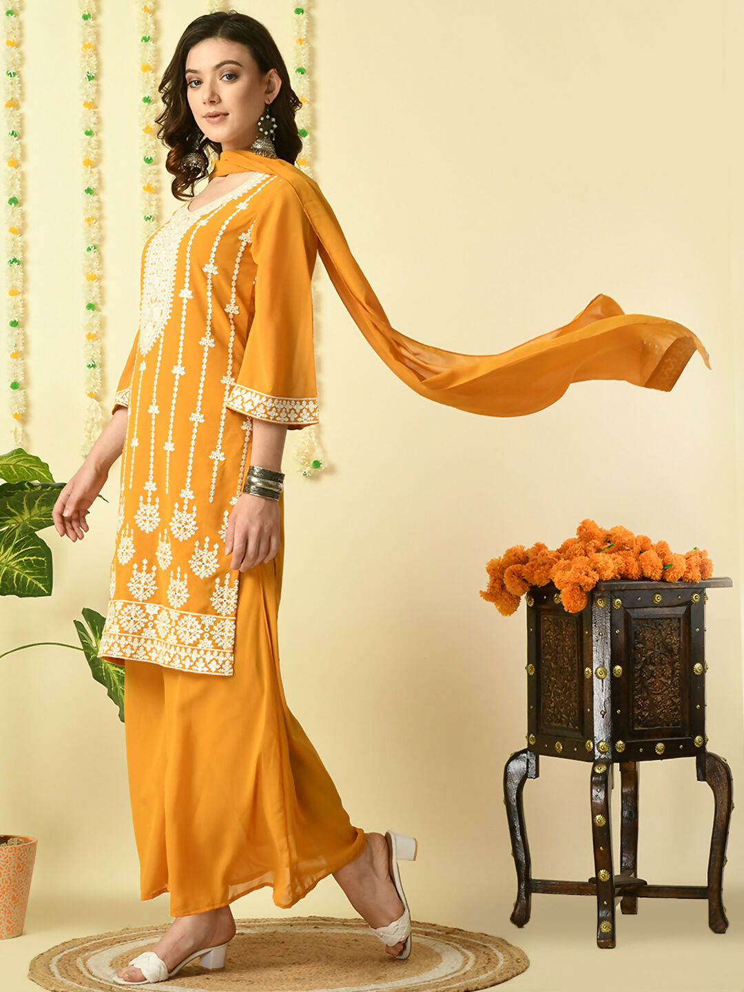 Myshka Women's Mustard Georgette Kurta & Palazzos With Dupatta Party Sets - Distacart