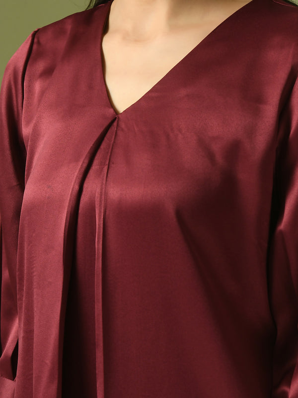 Myshka Women's Maroon Solid Satin V-Neck Party Tunic With Trousers Co-ord set - Distacart