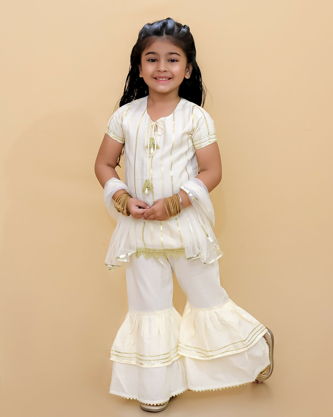 Lil Drama Girls Kurta Sharara Set - Off White - Distacart