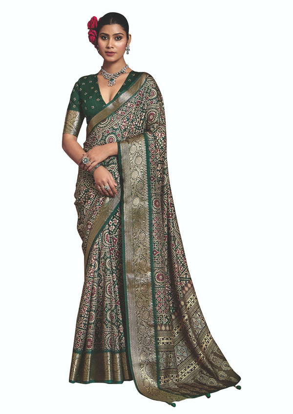 Joban Fashion Green Art Silk With Fine Viscose Border Ajrak Full Body Print With Soft Finish Saree