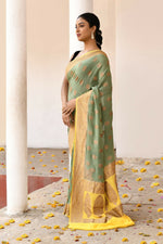 Thumbnail for Joban Fashion Grass Green Crepe Chiffon Pure Handloom Banarasi Silk Saree