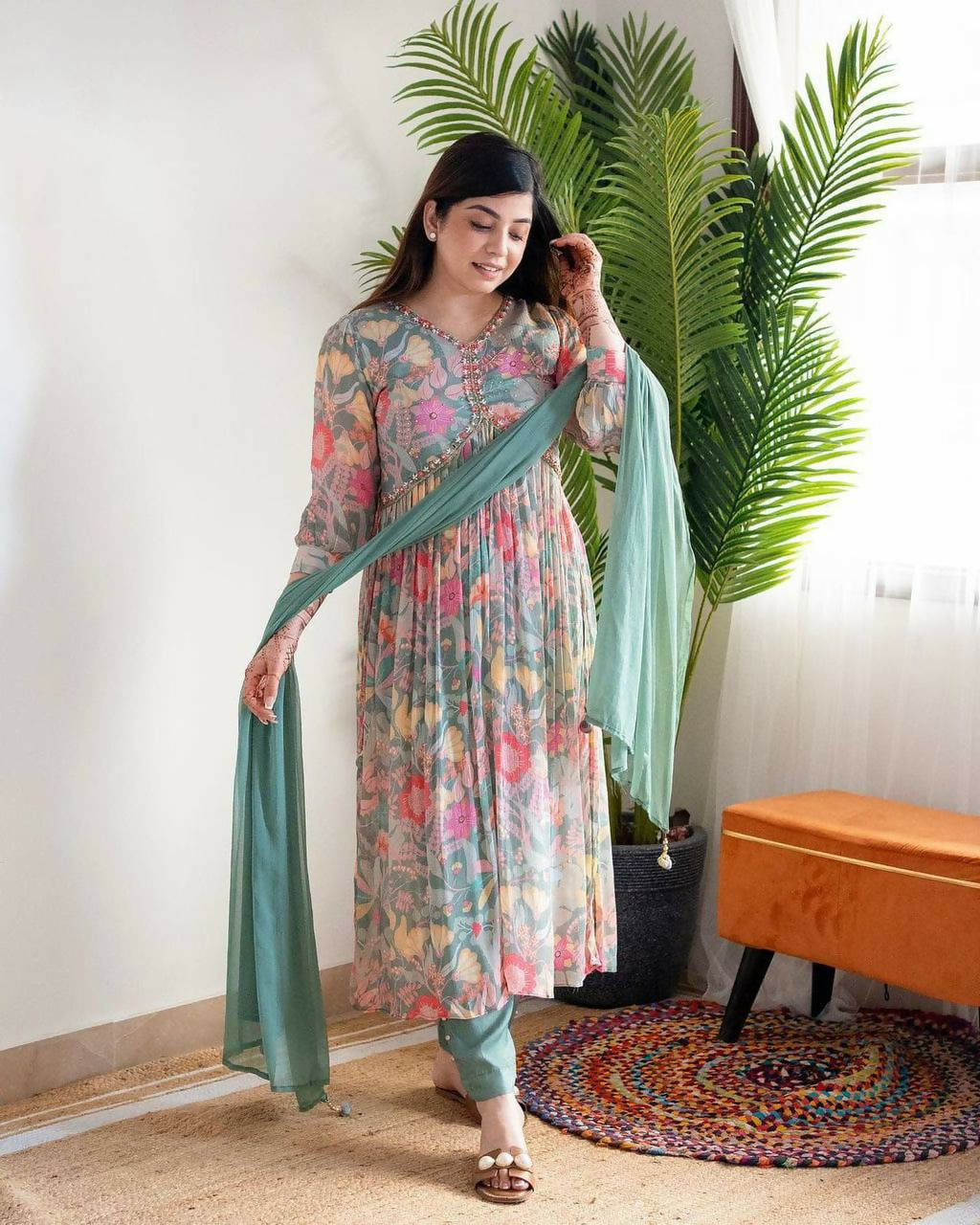 Preksha Creation Designer Fine Cotton Suit Set Full Flared Mugal Print Straight Suit With Dupatta And Pant - Sky Blue