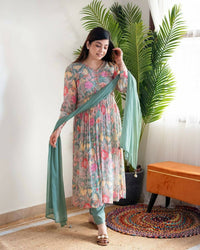 Thumbnail for Preksha Creation Designer Fine Cotton Suit Set Full Flared Mugal Print Straight Suit With Dupatta And Pant - Sky Blue