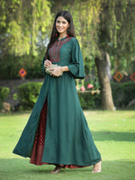 Thumbnail for Juniper Jade Green Ethnic Motif Printed Rayon High-Slit Kurta & Palazzo Set With Thread Work Embroidery - Distacart