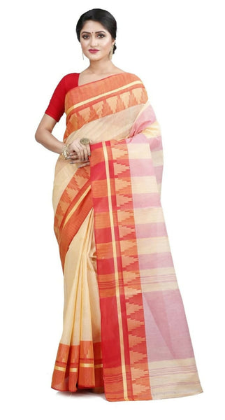 Exclusive Collection White Red 100% Pure Cotton Tant Saree
