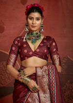 Thumbnail for Joban Fashion Maroon Art Silk With Fine Viscose Border Ajrak Full Body Print With Soft Finish Saree