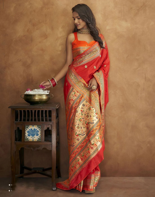 Vastranavya Red Soft Paithani Silk Saree With Gold Zari Weaving Motifs With Matching Blouse Fabric - Distacart