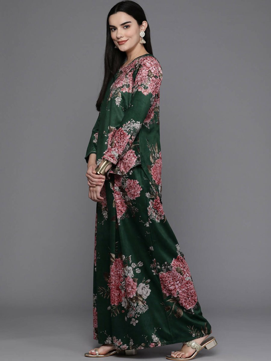 Ahalyaa Women Floral Printed Velvet Tunic with Palazzos - Green Color - Distacart