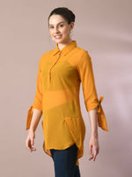 Thumbnail for Myshka Women's Yellow Solid Georgette Longline Party Sheer Tunic - Distacart