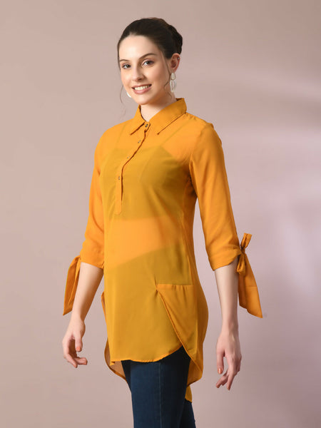 Myshka Women's Yellow Solid Georgette Longline Party Sheer Tunic - Distacart