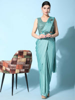 Thumbnail for Sea Green Imported Crush Lycra Texture Pattern Ready to Wear Saree with stitched Blouse - Nirvana - Distacart