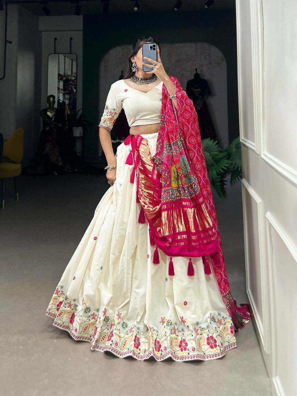 Vastranavya Traditional Special Khadi Cotton Sequins And Thread Embroidery Work Lehenga with Unstitched Blouse - White - Distacart