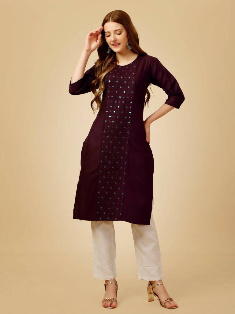 Aastha Fashion Women's Wine Cotton Blend Embroidered Kurta Pant Set - Distacart