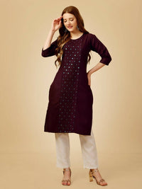 Thumbnail for Aastha Fashion Women's Wine Cotton Blend Embroidered Kurta Pant Set - Distacart