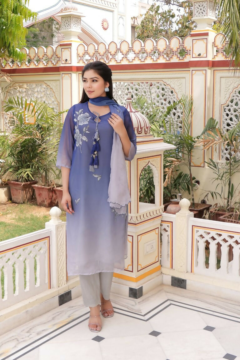 Vaasva Women Blue Tabby Slik Print & Embroidered Kurta, Pant & Dupatta Set - Distacart