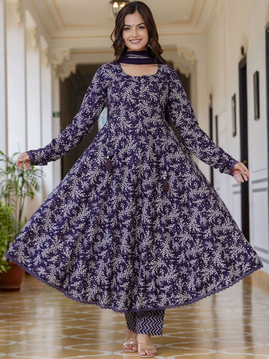 Anouk Purple Floral Printed Empire Pure Cotton Anarkali Kurta With Pyjama & Dupatta - Distacart
