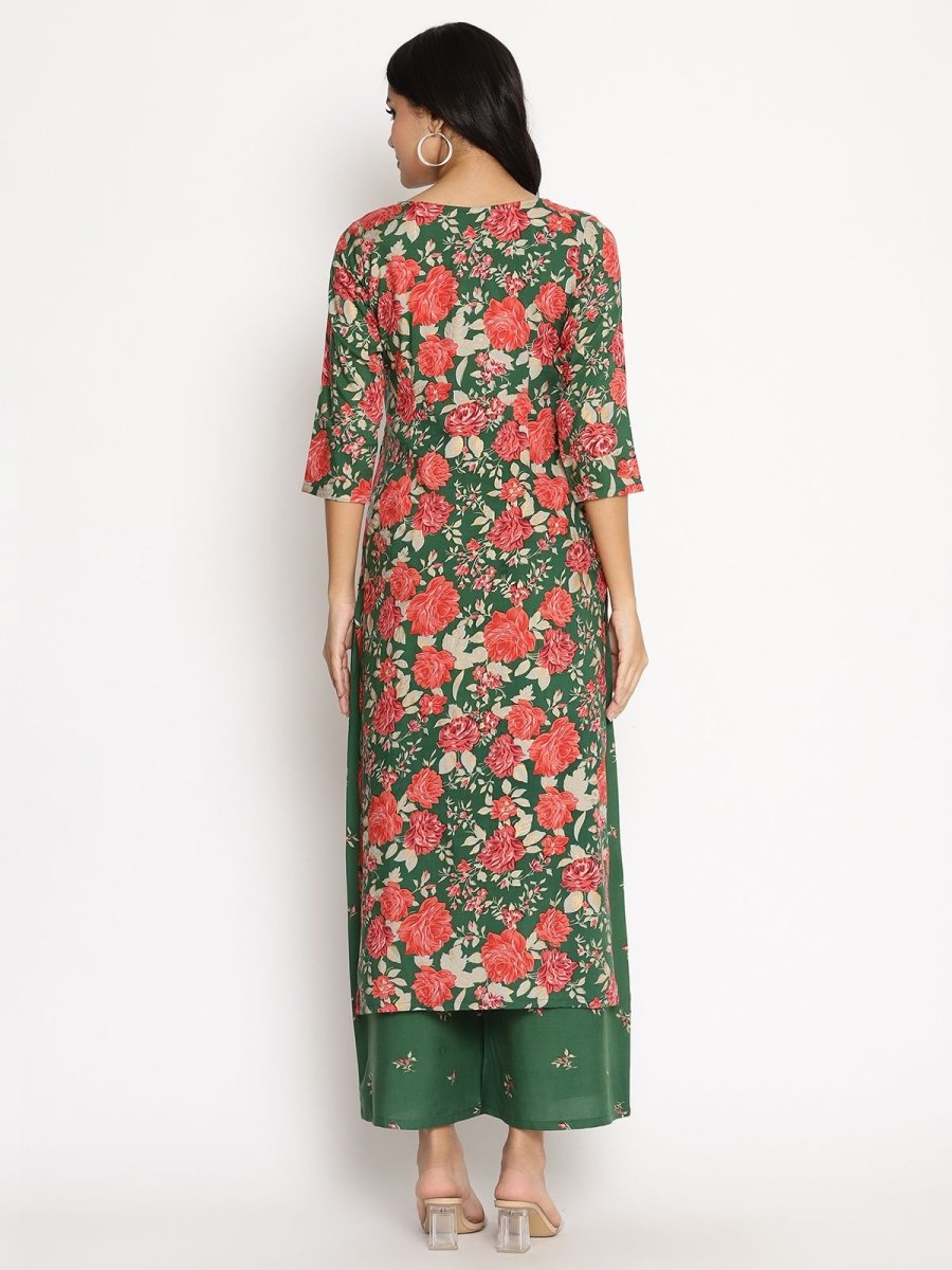 Ahalyaa Women's Green Rayon Printed Kurta Palazzo Set
