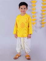 Thumbnail for Lil Drama Janmashtami Yellow Boys Cotton Kurta and White Dhoti Ethnic Set - Distacart