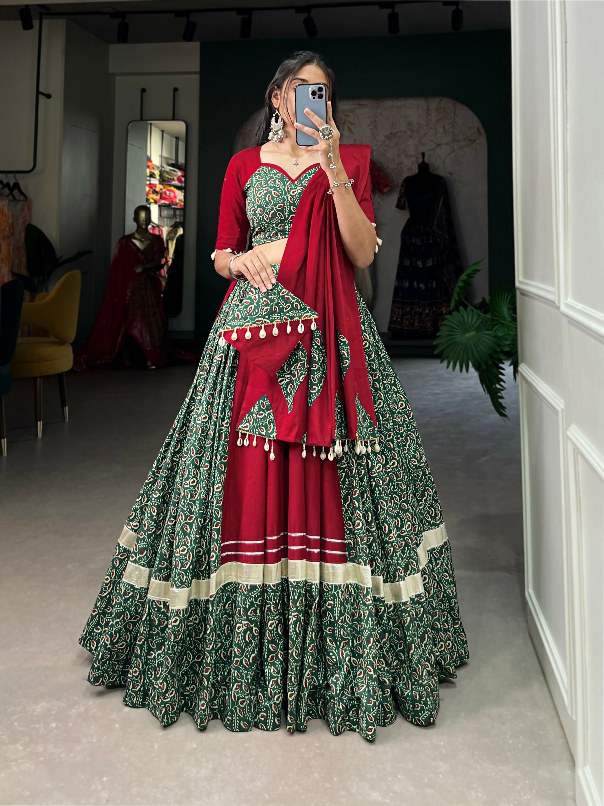 Vastranavya Navaratri Special Pure Cotton Printed With Gota Patti And Lace Touch Up Lehenga with Stitched Choli - Green - Distacart