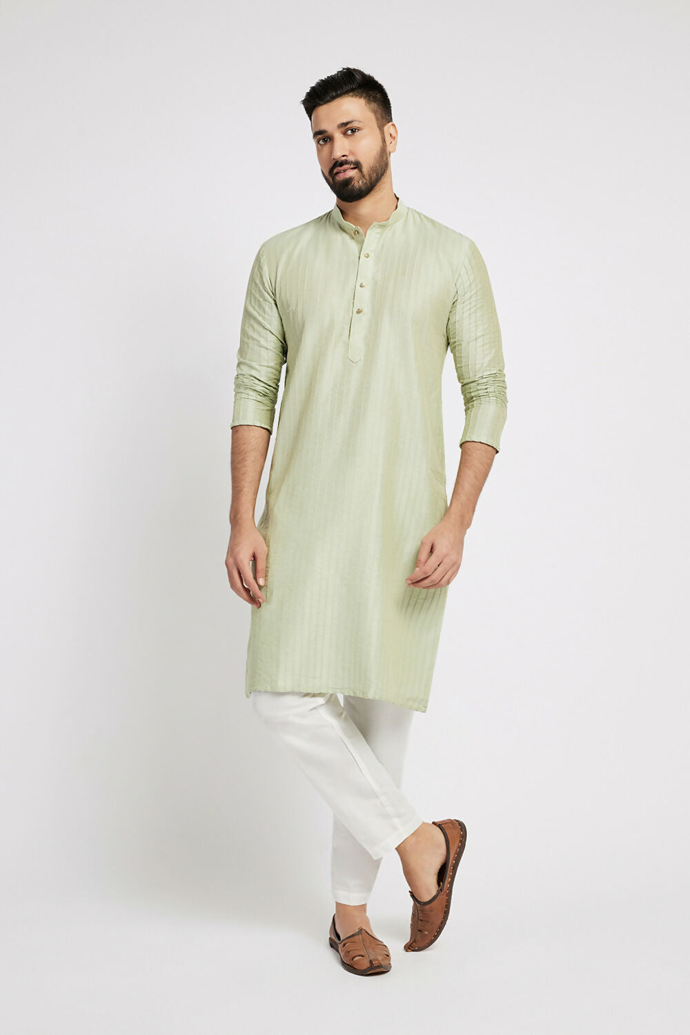 Ethnic India Green Men's Kurta Striped Polyester - Distacart