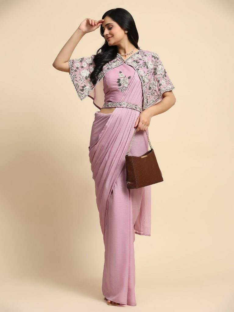 Pink Chiffon Solid Ready to wear Saree with stitched Blouse - Aayan - Distacart