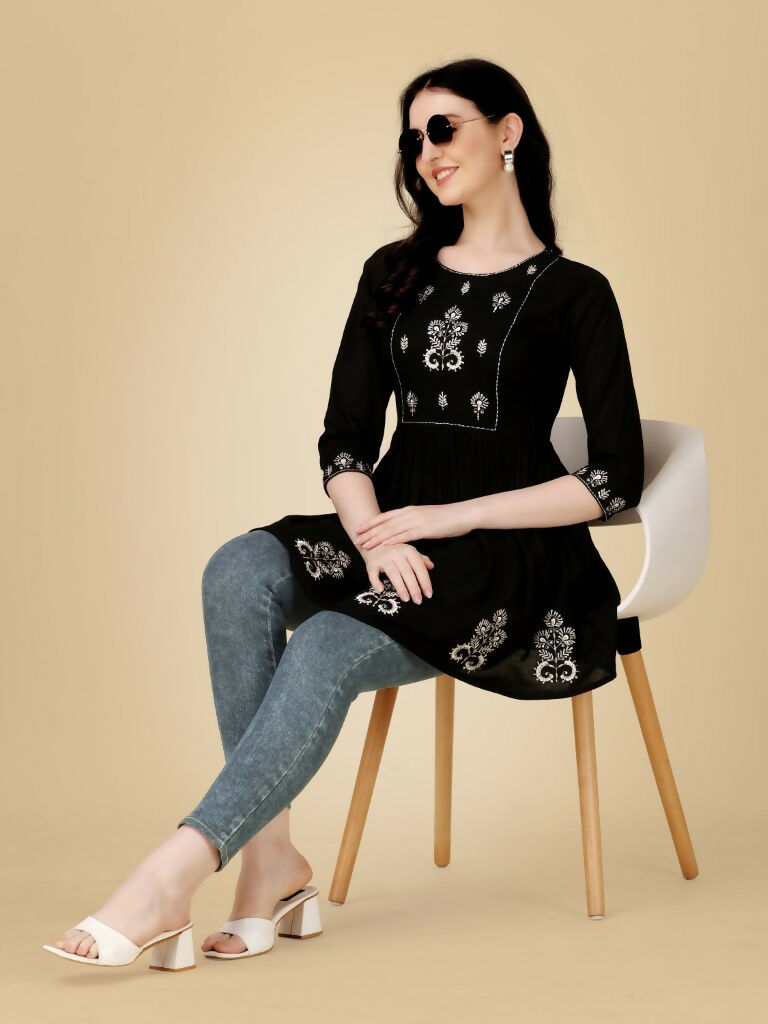 Jyoti Fashion Women's Black Viscose Rayon Embroidered Casual Top - Distacart