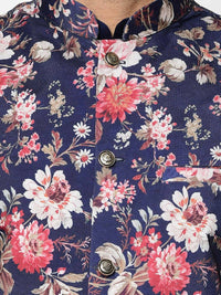 Thumbnail for ABH Lifestyle Men's Silk Navy Blue Kurta Pyjama & Printed Nehru Jacket - Distacart