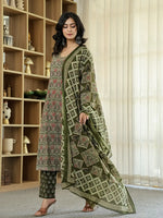 Thumbnail for Yufta Olive Green Ethnic Motifs A-Line Kurta Trouser Dupatta Set With Bucket Neck - Distacart