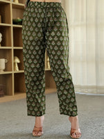 Thumbnail for Yufta Olive Green Ethnic Motifs A-Line Kurta Trouser Dupatta Set With Bucket Neck - Distacart