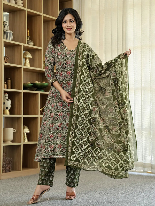 Yufta Olive Green Ethnic Motifs A-Line Kurta Trouser Dupatta Set With Bucket Neck - Distacart