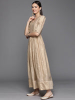 Thumbnail for Ahalyaa Women's Beige Chanderi Gold Foil Print Dress - Distacart