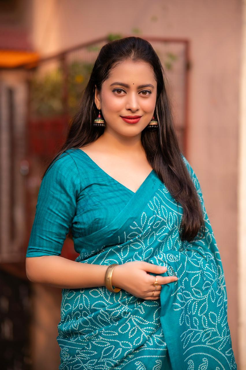 Rama Silk Blend Ajrak Saree with Unstitched Blouse - A2M