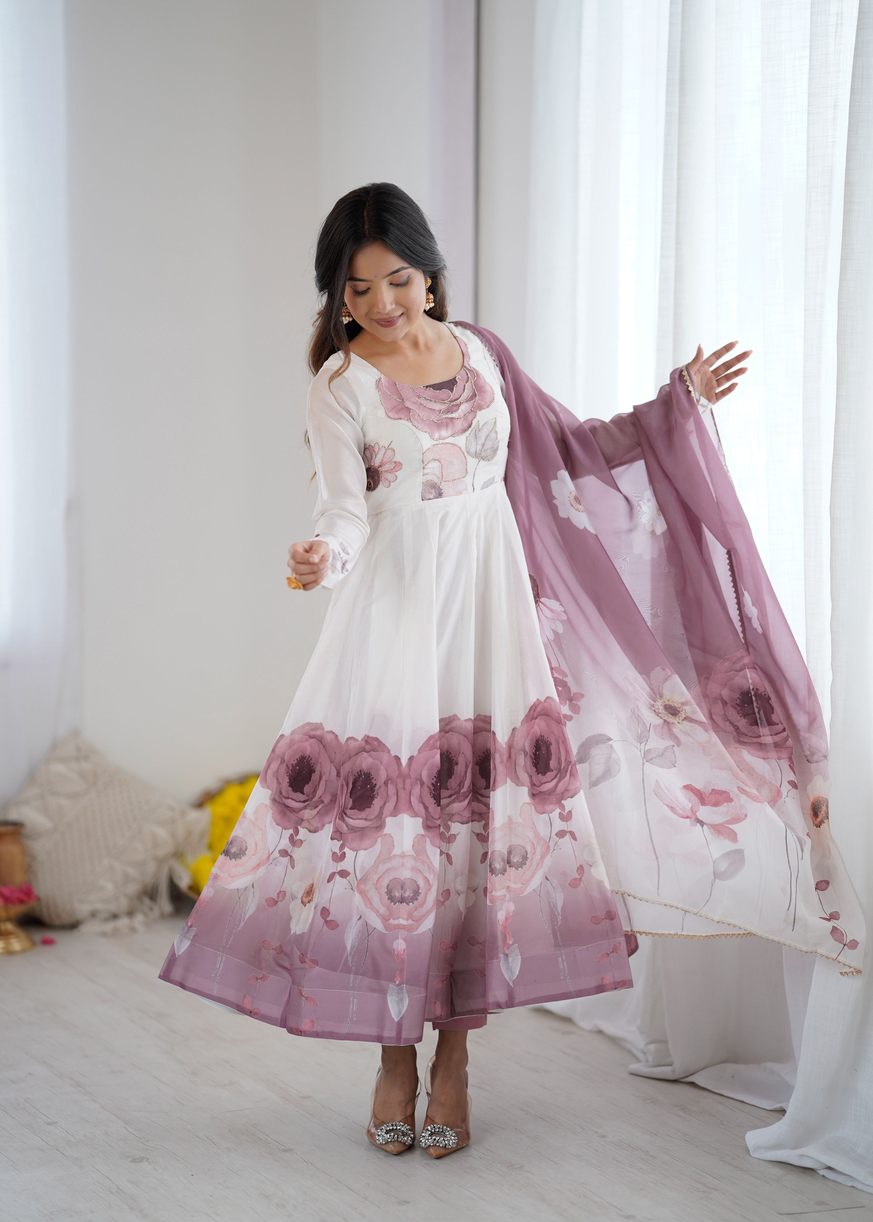 Evanik Onion Pink Soft Organza Silk With Floral Print Fully Flared Anarkali Pant With Dupatta Set