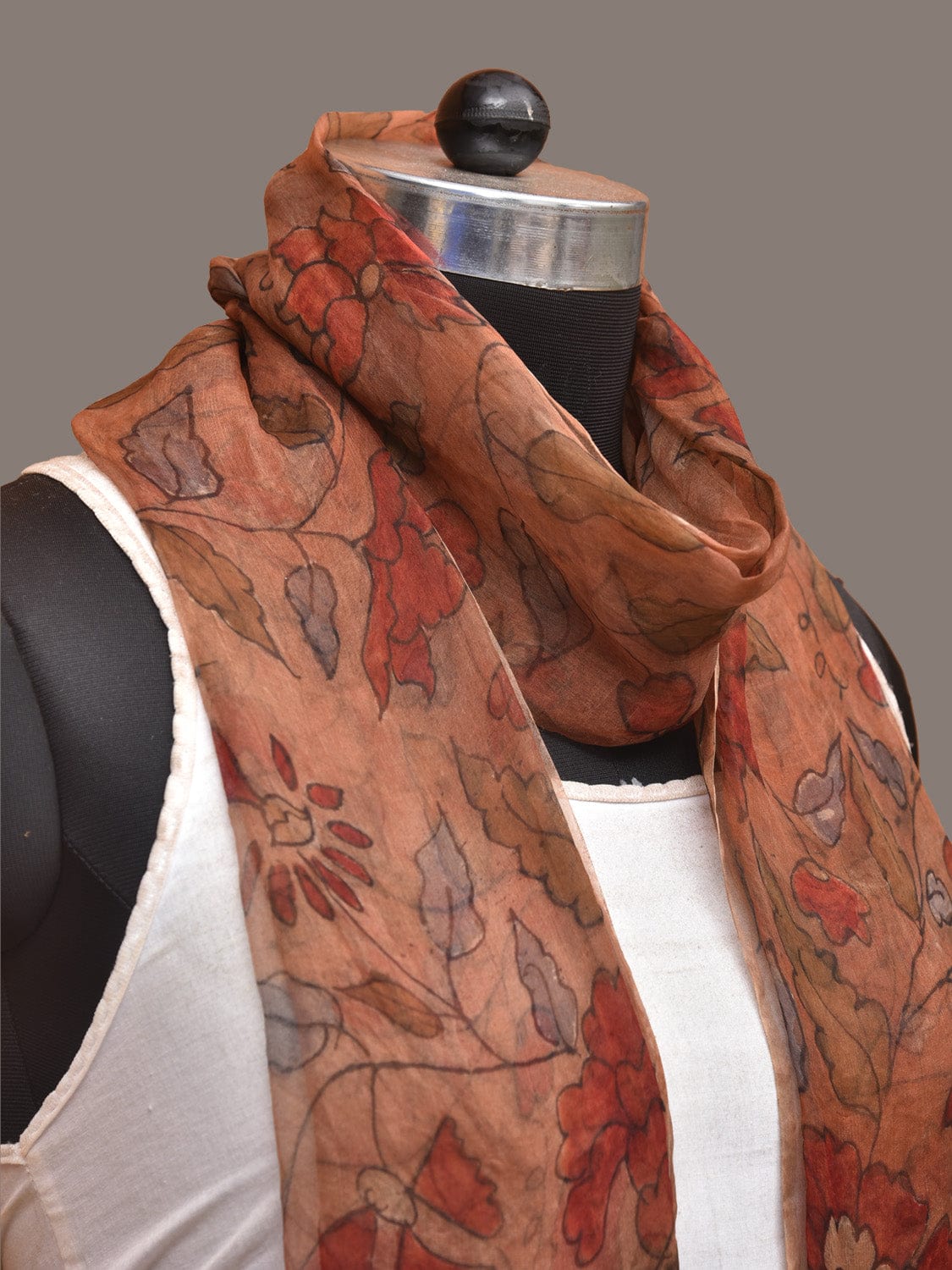 Orange Kalamkari Hand Painted Organza Stole with Floral Design - Global Threads - Distacart