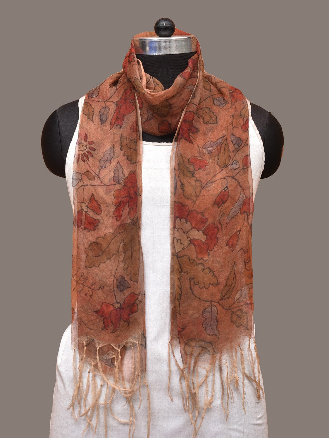 Orange Kalamkari Hand Painted Organza Stole with Floral Design - Global Threads - Distacart