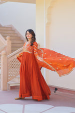 Thumbnail for Evanik Orange Fendy Fabric With Zari & Sequins Embroidered work Gown Dupatta