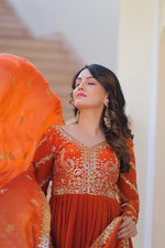Thumbnail for Evanik Orange Fendy Fabric With Zari & Sequins Embroidered work Gown Dupatta