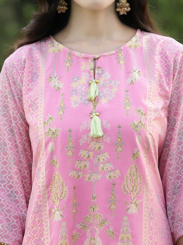 Juniper Pink Ethnic Motif Printed Georgette Kurta Pants & Dupatta Set With Tassels & Lace - Distacart