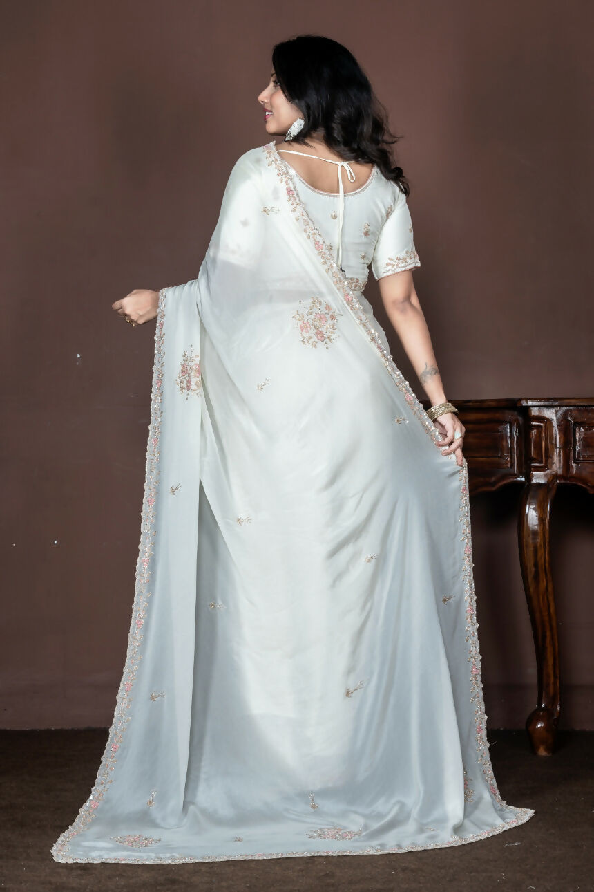 Morchari Off White Chiffon Hand Embroidery Saree And Stitched Blouse