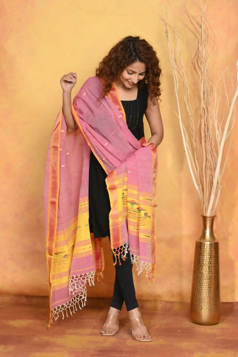 Very Much Indian Handloom Pure Cotton Paithani Dupatta Pink - Distacart