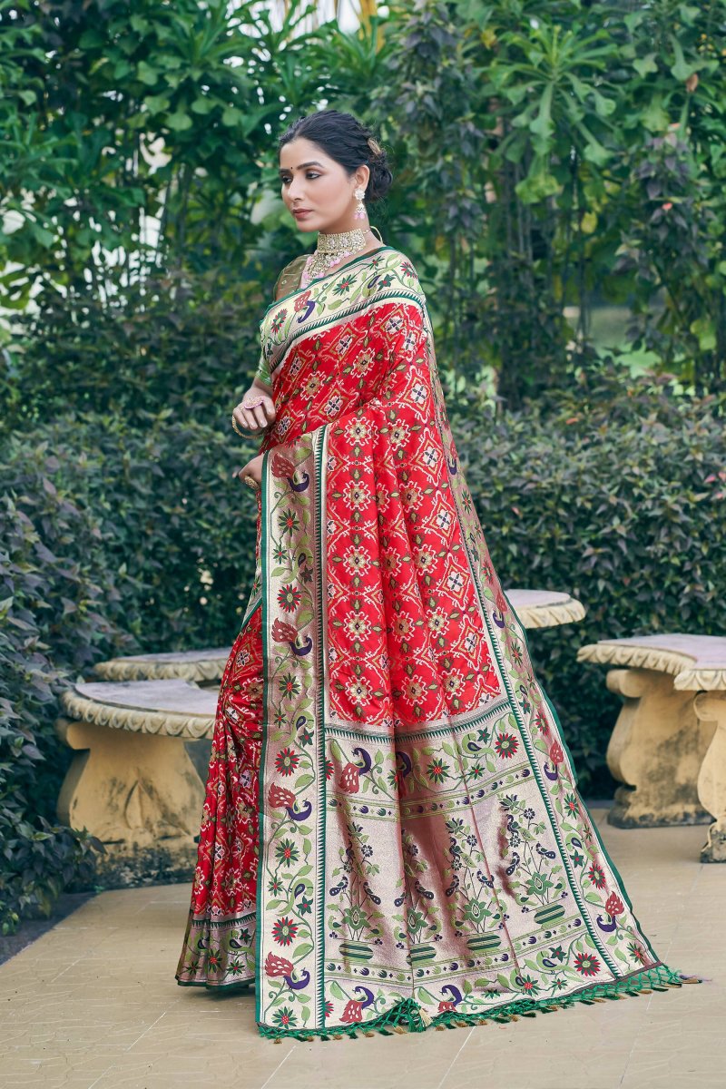 Aastha Fashion Red Woven Patola Silk Saree with Blouse - Distacart