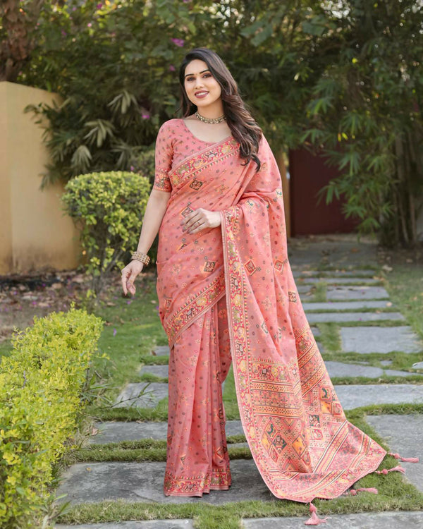 Vastranavya Luxury and Beautiful Soft, Smooth, Flowing Original Pashmina Soft Cotton Saree with Matching Blouse Fabric - Peach - Distacart