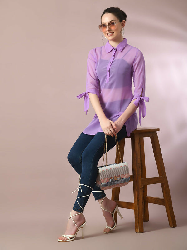 Myshka Women's Lavender Solid Georgette Longline Party Sheer Tunic - Distacart