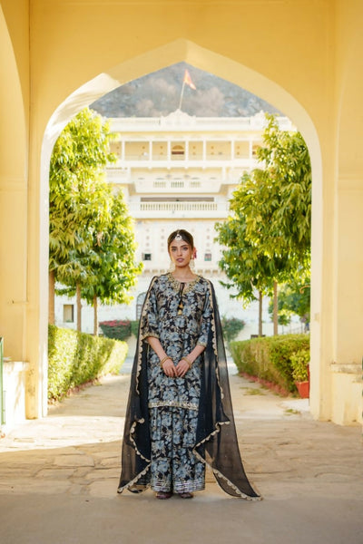 Vaasva Women Navy Blue Muslin Floral & Embroidered Cut Work Kurta ,Sharara & Dupatta set - Distacart