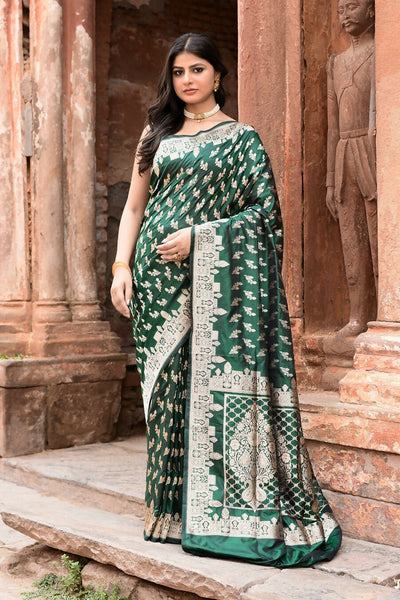 Joban Fashion Emerald Green Banarasi Katan Pure Handloom Banarasi Silk Saree