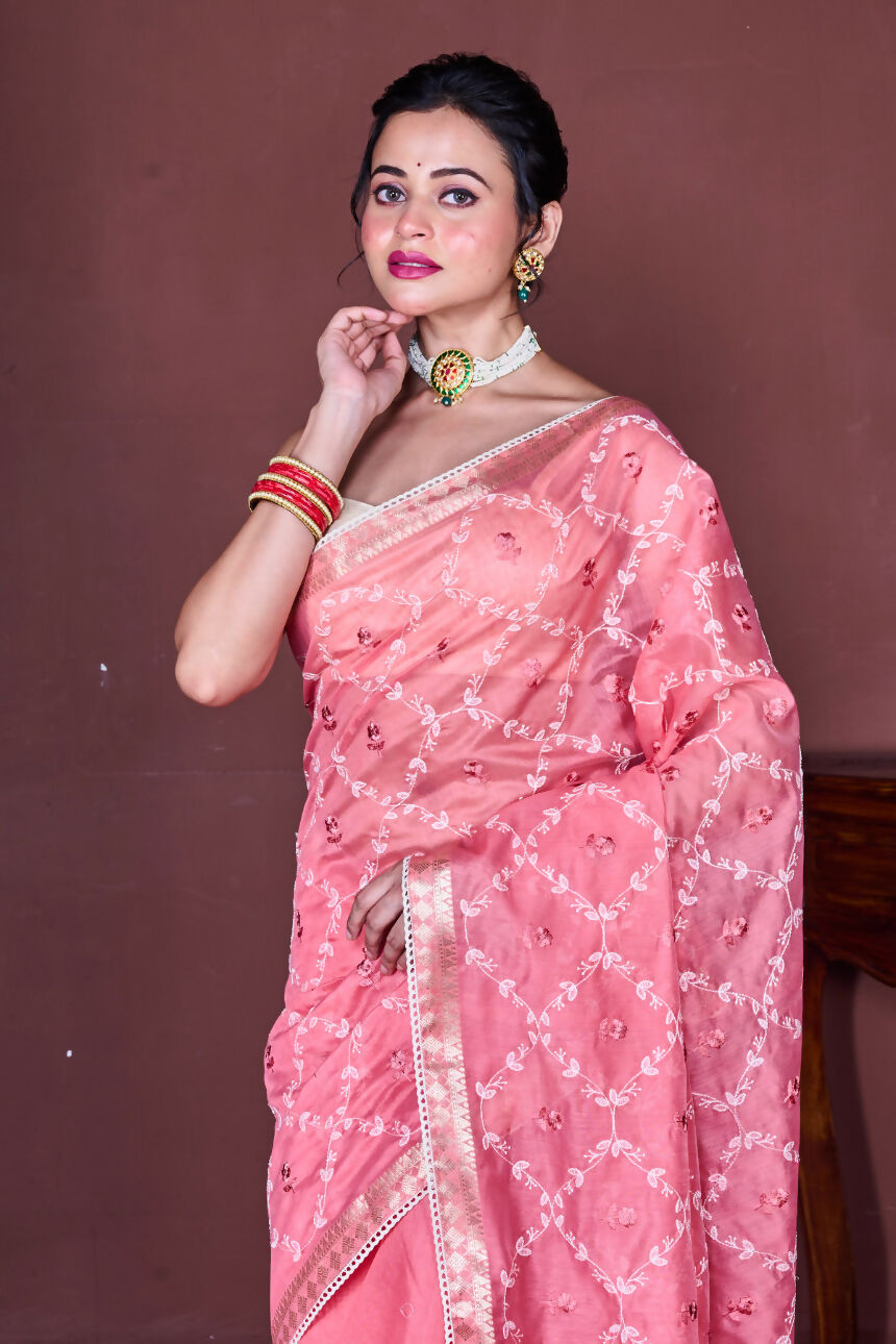 Morchari Peach Cotton Chanderi Embroidery Saree Unstitched Blouse