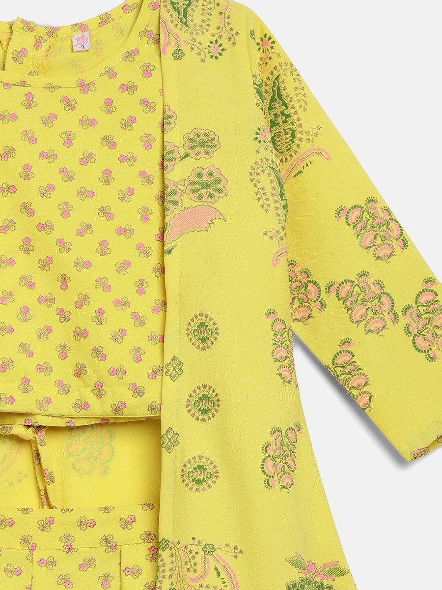 Ahalyaa Yellow Viscose Rayon Printed Kids Top & Palazzo Sets With Jacket For Girls - Distacart